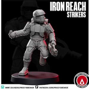 May include: A gray figurine of a futuristic soldier in a helmet and armor, holding a grenade and a weapon. The figure is on a black base, with the words "IRON REACH STRIKERS" in white text above. The Proxybrewer logo is in the bottom right corner.