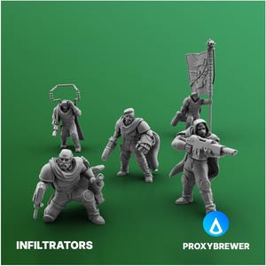 Puede incluir: Un grupo de figuras en miniatura grises, posiblemente para juegos de mesa, posan sobre un fondo verde. Las figuras visten armaduras futuristas y portan armas o banderas. Los textos "INFILTRATORS" y "PROXYBREWER" son visibles.