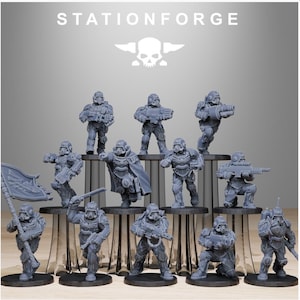 May include: A group of grey miniature soldier figurines, each in a combat pose, with helmets and weapons. The figurines are displayed on a tiered stand, with the "STATIONFORGE" logo at the top.