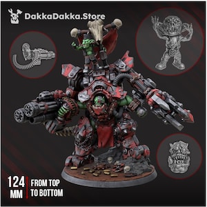 Puede incluir: Figura en miniatura detallada de una máquina de guerra con un piloto orco de piel verde. La figura es principalmente roja y gris, con cañones grandes y un pequeño orco encima. La figura mide 12,4 cm de alto.