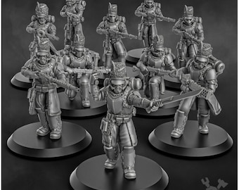 May include: A collection of miniature figurines of soldiers in detailed uniforms, each mounted on a black circular base. The figures are armed with rifles and swords, and wear helmets and backpacks. The overall aesthetic is a grayscale, with a focus on the intricate details of the miniature figures.