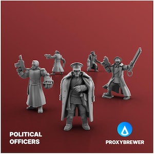 May include: A collection of gray miniature figurines of political officers, each in a military-style uniform, holding weapons. The figures are set against a red background. Text at the bottom reads "POLITICAL OFFICERS" and "PROXYBREWER".