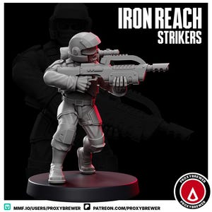 May include: A gray miniature figurine of a soldier in a helmet and tactical gear, holding a futuristic rifle. The figure is on a black base, with the words "IRON REACH STRIKERS" in white text above. The Proxybrewer logo is in the bottom right corner.