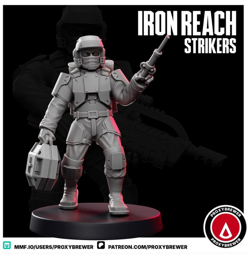 May include: A gray miniature figure of a soldier in futuristic armor, holding a weapon and a box-like object. The figure is on a black base, with the words "IRON REACH STRIKERS" in white text above. The Proxybrewer logo is in the bottom right corner.