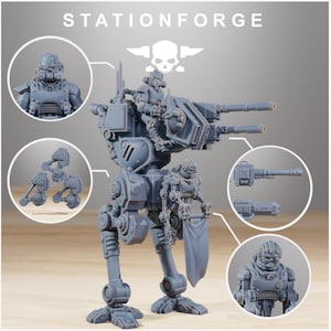 May include: A grey model of a bipedal mech with dual cannons and additional components. The model has a futuristic design, with the text "STATIONFORGE" at the top. Circular images show components and figures.