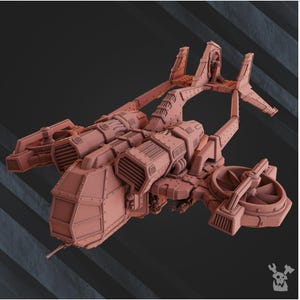 May include: A detailed, reddish-brown model of a futuristic aircraft. The design features multiple engines, a central cockpit, and rotating fan blades. The aircraft has a complex, mechanical aesthetic, suggesting a science fiction or fantasy theme.