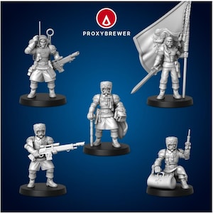 May include: A set of five unpainted gray resin miniature soldier figures from ProxyBrewer. The figures include a soldier with a rifle, a soldier holding a large flag and sword, a central officer, a soldier with a sniper rifle, and a kneeling medic.