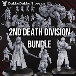 Puede incluir: Colección de figuras y vehículos en miniatura grises, incluyendo soldados, un vehículo tipo tanque y un cañón. Se muestra el texto "2ND DEATH DIVISION BUNDLE".