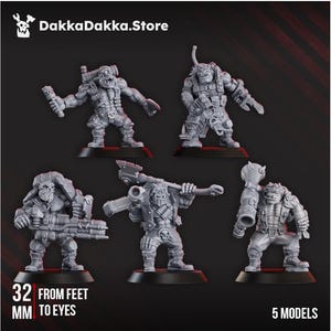 May include: Five gray miniature figures of Orcs, each with unique armor and weaponry. The figures are approximately 32 mm tall from feet to eyes. The text "DakkaDakka.Store" is at the top, and "5 MODELS" is at the bottom.