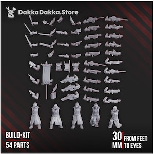 May include: A collection of 54 gray plastic build-kit parts, including weapons, figures, and accessories. The image features the text "DakkaDakka.Store", "BUILD-KIT 54 PARTS", and "30 MM FROM FEET TO EYES".