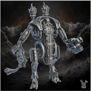 May include: A gray, mechanical figurine of a humanoid robot with intricate details. The robot has a helmet, a chest adorned with rivets and a fleur-de-lis, and two torch-like structures on its back. It is holding weapons and has a chain attached to one arm.