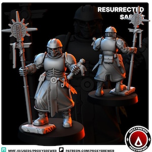 May include: A gray miniature figure of a warrior in armor, holding a staff with a sunburst design and the word "VIRTUS". The figure has a skeletal face and is standing on a round base. The words "RESURRECTED SAINT" are at the top.