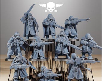 May include: A set of ten grey miniature soldier figurines from StationForge, each wearing a long coat with fur trim, a helmet, and a gas mask. Each figure is equipped with a rifle and stands on a circular base, with some figures wearing skis.