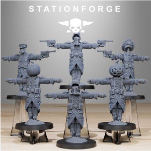 May include: A collection of six grey miniature figurines in a T-pose, featuring military-style uniforms, gas masks, and pumpkin heads. The figures are arranged on individual black circular stands, with the text STATIONFORGE visible above.