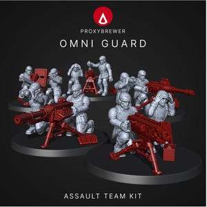Puede incluir: Imagen de un kit de equipo de asalto Omni Guard. El kit presenta figuras en miniatura con uniformes grises y armas y accesorios rojos. El texto "PROXYBREWER" y "OMNI GUARD" están en la parte superior, y "ASSAULT TEAM KIT" en la inferior.