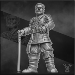 May include: A grayscale figurine of a man in a military-style uniform, holding a cane. The figure has a full beard and is wearing a long coat, breeches, and tall boots. A mirrored image of the figure is visible in the background.