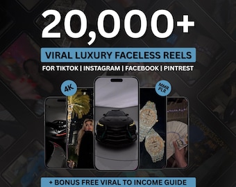 Puede incluir: Gráfico promocional con el texto "20.000+" y "VIRAL LUXURY FACELESS REELS" para TikTok, Instagram, Facebook y Pinterest. La imagen presenta maquetas de smartphones que muestran artículos de lujo como coches y relojes. Incluye una guía de bonificación.