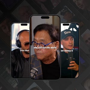May include: Three smartphones showing video clips of different people. The central phone displays a man with glasses, with the text "the rich run the world". The other phones show different people with text. The background is a dark gradient.