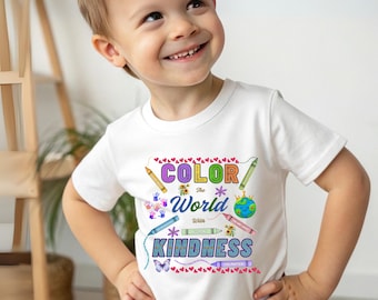 Color the World with Kindness Kids T-Shirt - Positive Affirmation Rainbow Crayon Shirt for Children