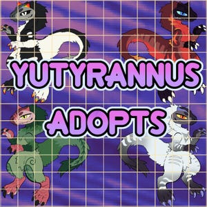 May include: Digital artwork showcasing four colourful Yutyrannus dinosaur designs. The creatures are depicted in black and white, red and brown, green and red, and white and grey. The text "YUTYRANNUS ADOPTS" is written in purple and white.