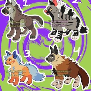 May include: Four cartoon hyena illustrations in various colours, each labelled with a number. The hyenas are in different poses, with the text "CLOWNYWAMPUS UNSOLD ADOPT" visible on each. The background is a swirl of green and purple.