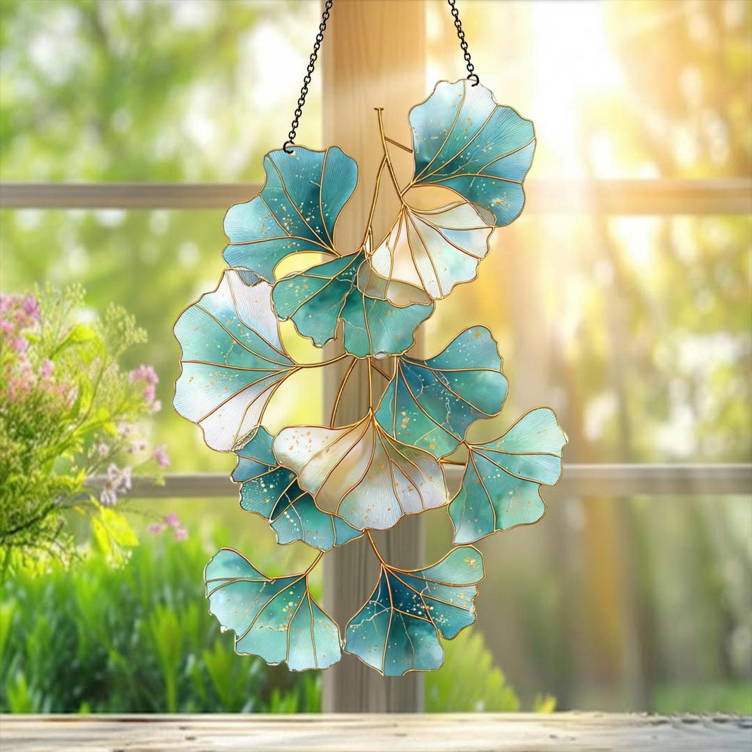 Gingko Window Ginkgo Leaf Stained Glass Suncatcher, Blue Green Gingko Window Hanging ...