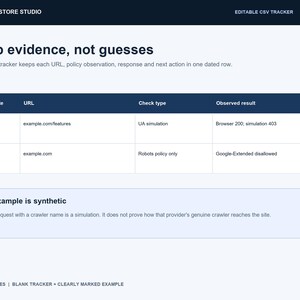 May include: A digital document titled CreatifyStore Studio Editable CSV Tracker, featuring a table with columns for Review date, URL, Check type, and Observed result, with rows dated 2026-09-01 and a section titled The example is synthetic.