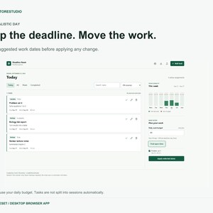Op de afbeelding: Een digitale interface voor een taakbeheerapplicatie genaamd Deadline Reset. Het scherm toont een lijst met opdrachten, een kalenderweergave voor de huidige week en een zijbalk voor het plannen van dagelijkse werkbudgetten met een knop.