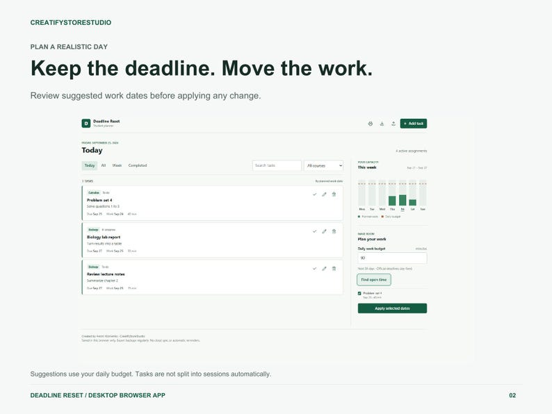 Op de afbeelding: Een digitale interface voor een taakbeheerapplicatie genaamd Deadline Reset. Het scherm toont een lijst met opdrachten, een kalenderweergave voor de huidige week en een zijbalk voor het plannen van dagelijkse werkbudgetten met een knop.