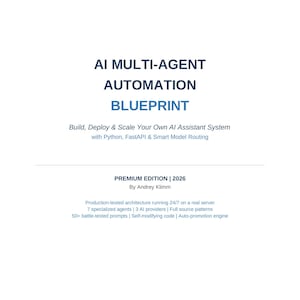 Puede incluir: Portada de libro blanca con el título "AI Multi-Agent Automation Blueprint" en letras azules grandes. El texto describe la construcción y escalado de un sistema de asistente de IA. Edición premium de 2026.