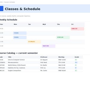 Op de afbeelding: Een digitaal dashboard-interface genaamd Student OS met een Classes & Schedule-pagina. Het toont een wekelijks rooster met kleurgecodeerde cursusblokken en een tabel met cursusgegevens zoals codes, titels, professoren, tijden en cijfers.