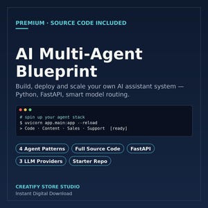Puede incluir: Un gráfico digital azul oscuro titulado AI Multi-Agent Blueprint. Incluye texto sobre la creación y escalado de sistemas de asistencia por IA, un fragmento de código uvicorn y etiquetas para 4 patrones de agentes y 3 proveedores de LLM.