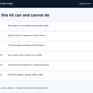 May include: A digital information chart titled What this kit can and cannot do, listing capabilities and limitations. It includes rows marked DOES in green and DOES NOT in orange, detailing functions like organising reviews, robots.txt checks, and trackers.