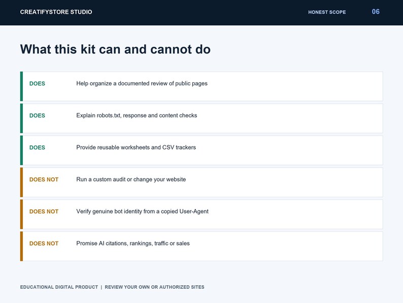 May include: A digital information chart titled What this kit can and cannot do, listing capabilities and limitations. It includes rows marked DOES in green and DOES NOT in orange, detailing functions like organising reviews, robots.txt checks, and trackers.
