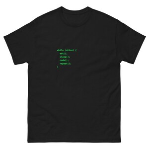 while(alive) Eat Sleep Code Repeat T-Shirt – Programmer Humor Tee