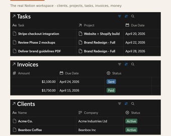 Freelancer Business OS Notion Template | Client CRM, Invoices & Project Tracker