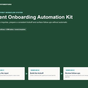 Client Onboarding Kit dashboard showing 3 workflows: Qualify input, Build kickoff, Review follow-ups