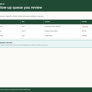 Workflow 03 follow-up queue table showing due work items ready for manual review