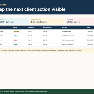 Dev Studio OS client CRM table showing pipeline, follow-up dates and contract values