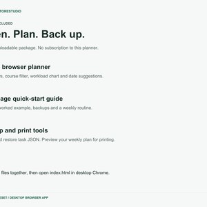Op de afbeelding: Een digitaal productinformatieblad getiteld Open. Plan. Back up. met secties voor een offline browserplanner, een snelstartgids van vier pagina's en back-up- en printtools. De tekst bevat instructies voor het uitpakken en openen van bestanden.