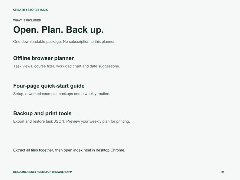 Op de afbeelding: Een digitaal productinformatieblad getiteld Open. Plan. Back up. met secties voor een offline browserplanner, een snelstartgids van vier pagina's en back-up- en printtools. De tekst bevat instructies voor het uitpakken en openen van bestanden.