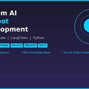 Puede incluir: Un gr&aacute;fico digital azul oscuro para el desarrollo de chatbots de IA personalizados con texto que enumera GPT-4, Claude, LangChain y Python. Incluye botones para Telegram, WhatsApp, Discord, Website y Slack, adem&aacute;s de marcas de verificaci&oacute;n para Multi-Agent Systems, RAG Knowledge Base y Source Code Included.