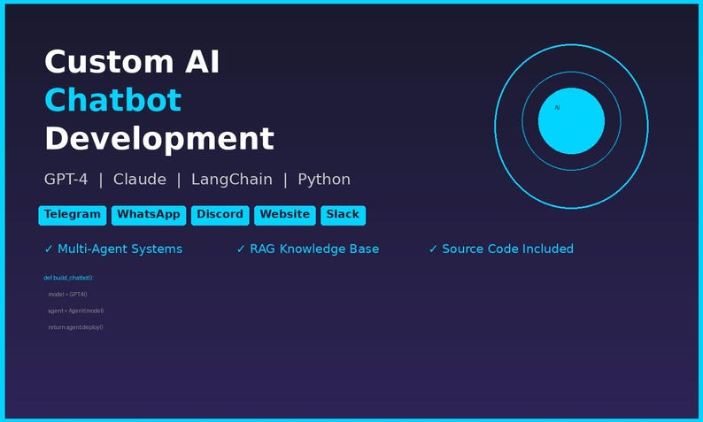 Puede incluir: Un gr&aacute;fico digital azul oscuro para el desarrollo de chatbots de IA personalizados con texto que enumera GPT-4, Claude, LangChain y Python. Incluye botones para Telegram, WhatsApp, Discord, Website y Slack, adem&aacute;s de marcas de verificaci&oacute;n para Multi-Agent Systems, RAG Knowledge Base y Source Code Included.