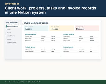 Dev Studio OS Notion Template | Freelance Developer CRM, Project & Invoice Tracker