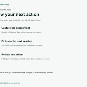 Op de afbeelding: Een digitaal document getiteld Know your next action, met een workflow in drie stappen: 01 Capture the assignment, 02 Estimate the next session en 03 Review and adjust. De tekst bevat instructies voor het beheren van taken en opdrachten.