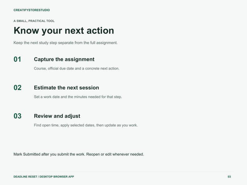 Op de afbeelding: Een digitaal document getiteld Know your next action, met een workflow in drie stappen: 01 Capture the assignment, 02 Estimate the next session en 03 Review and adjust. De tekst bevat instructies voor het beheren van taken en opdrachten.
