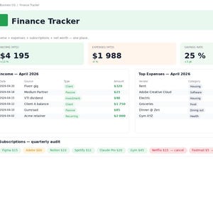 以下が含まれることがあります： Life & Business OSというタイトルのデジタル財務トラッカーダッシュボード。収入、支出、貯蓄率の指標に加え、2026年4月の収入源、ベンダー別の主な支出、四半期ごとのサブスクリプション監査リストの詳細な表が表示されています。