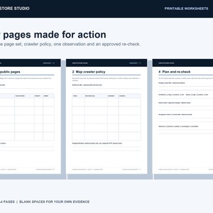 May include: Three printable A4 worksheets titled Four pages made for action, featuring sections for selecting public pages, mapping crawler policy, and planning re-checks. Each page includes tables and blank lines for data entry and evidence.