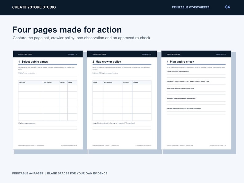 May include: Three printable A4 worksheets titled Four pages made for action, featuring sections for selecting public pages, mapping crawler policy, and planning re-checks. Each page includes tables and blank lines for data entry and evidence.