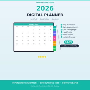 May include: A digital planner for 2026, designed for iPad, GoodNotes, and Notability. The teal and black design features a calendar for January 2026, with options for daily, weekly, and monthly views, goal setting, habit tracking, and notes. The price is $3.99.